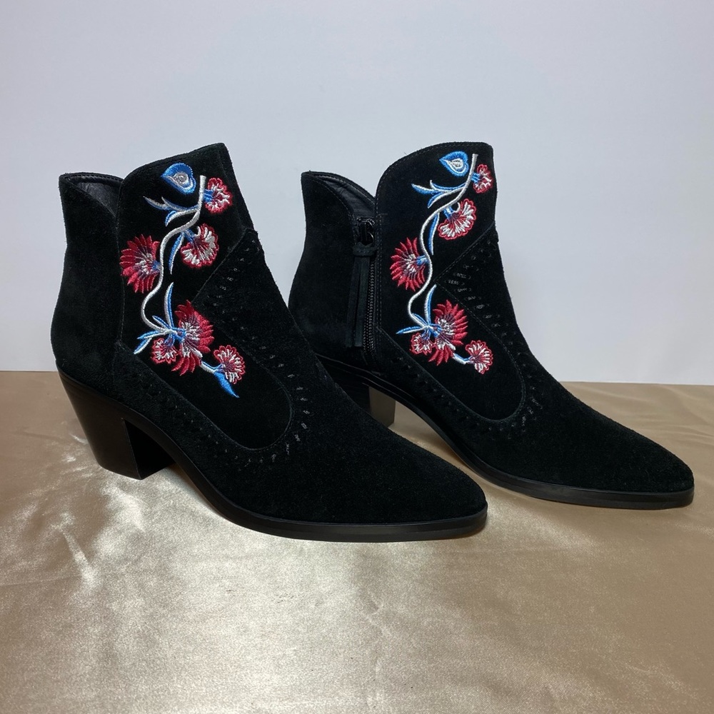 Rebecca Minkoff Black Suede Ankle Booties with Red & Blue Floral Embroidery